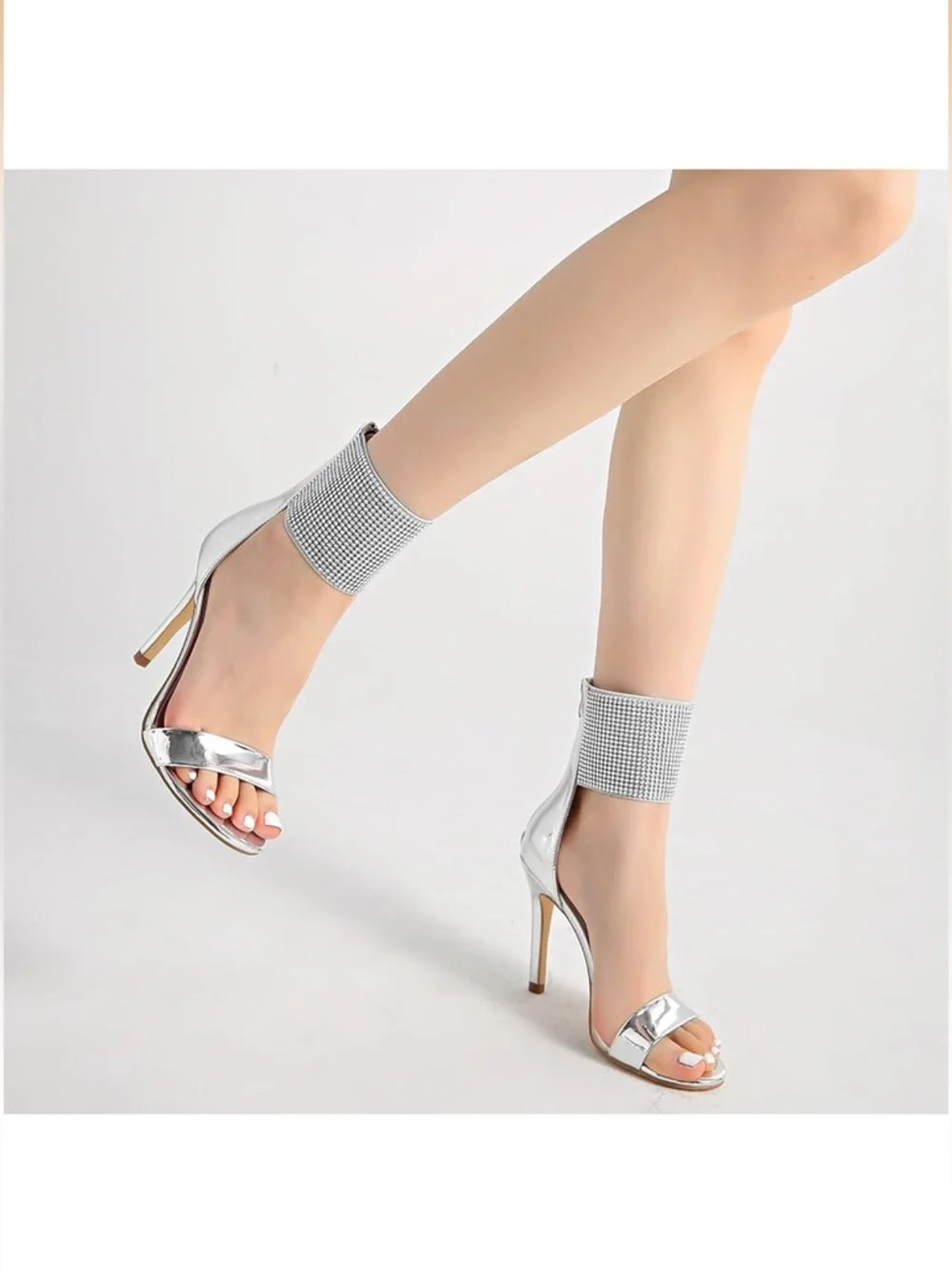 Carlkarida Silver Crystal Ankle-Cuff Stiletto Sandals